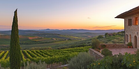 Beautiful Tuscan countryside at sunset with rolling vineyards, a traditional stone villa, and a lone cypress tree, bathed in warm evening light, selective focus

