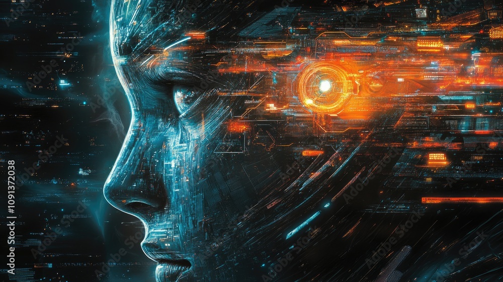 Poster futuristic portrait of a humanoid face with digital circuitry and glowing elements symbolizing techn