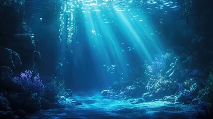 Obraz premium Enchanting underwater scene with vibrant coral reefs and gentle sunlight beams illuminating the serene blue ocean depths.