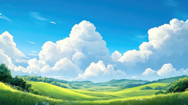 Vibrant blue sky with fluffy white clouds over rolling lush green hills in a picturesque and serene landscape scene.