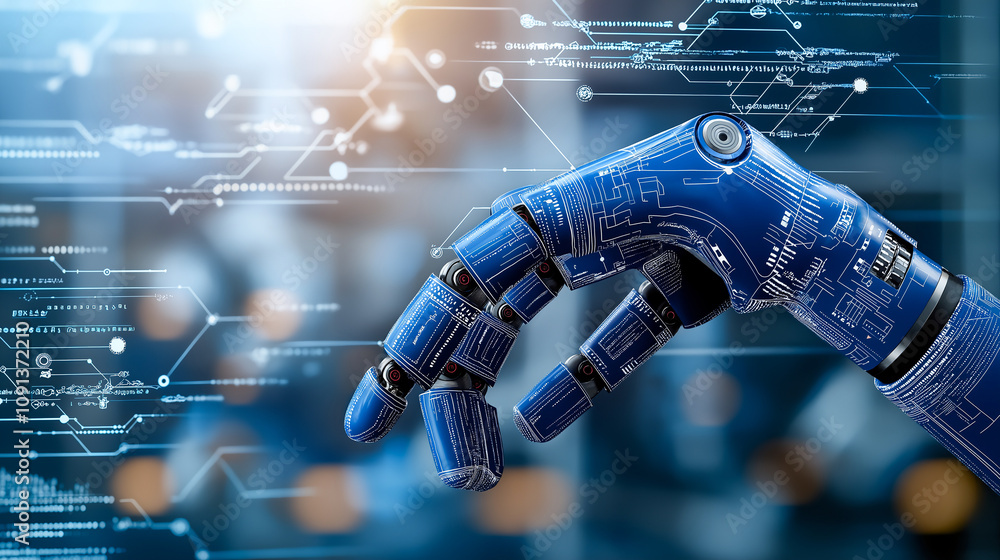 Poster blue robotic arm with digital data overlay, symbolizing advanced technology and innovation. intricat