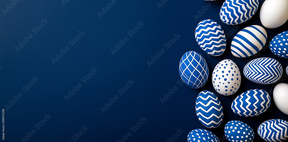 Poster blue and white easter eggs with various patterns on dark background create festive and elegant holid