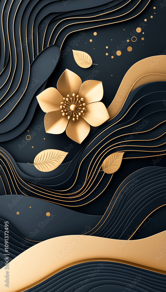 Poster golden flower with leaves is elegantly displayed on black background, featuring flowing lines and ab