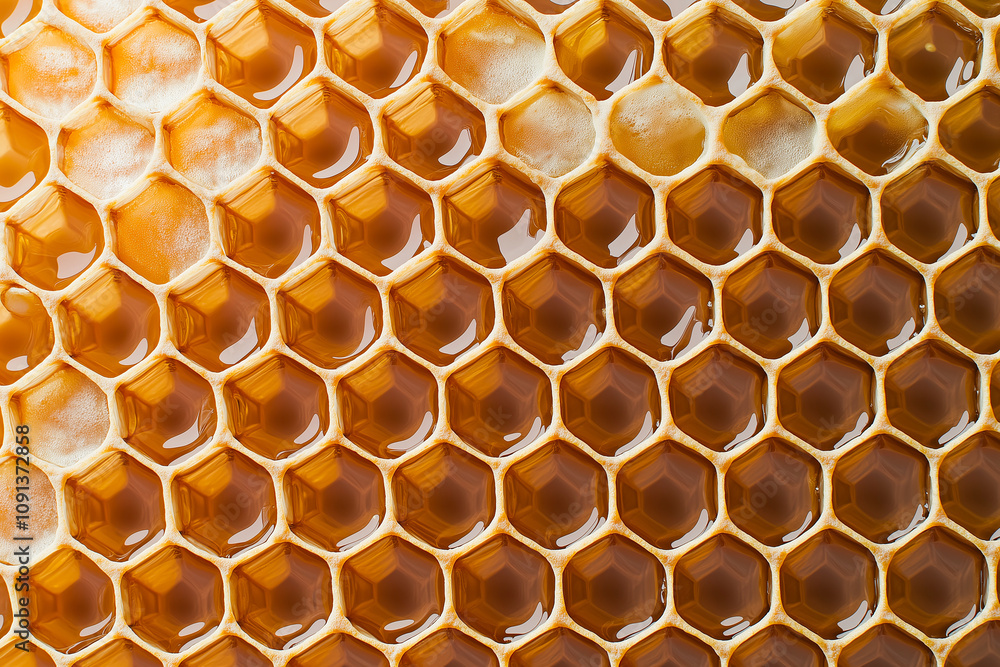 Poster honeycomb texture background with golden hues and glossy surface, showcasing intricate hexagonal pat