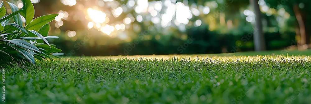 Poster Lush green grass in foreground with blurred background and sunlight filtering through trees, creating serene and peaceful atmosphere