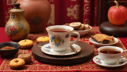 Fototapeta premium A cup of tea with cookies and desserts, beautifully arranged on a table with traditional Chinese decorations.