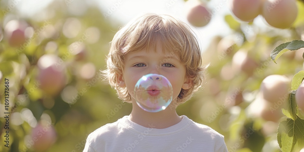 Aufkleber a joyful child blowing a colorful bubble in an apple orchard. the background features lush trees and