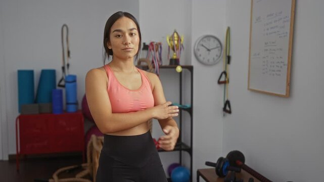 Woman exercising in a wellness center with arms crossed in a gym room surrounded by fitness equipment, trophies, and a wall clock in the background portraying a focused training atmosphere