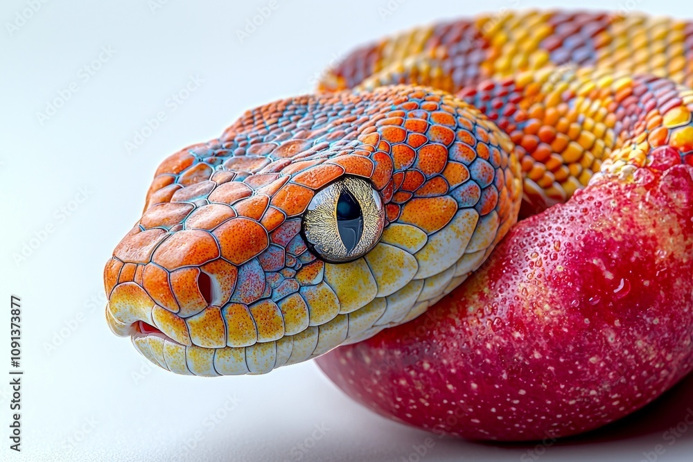 Poster vibrant snake wraps elegantly glossy red apple creating striking visual contrast pristine white back