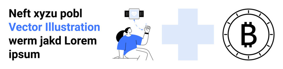 Obraz premium Doctor video calling on smartphone, medical plus sign, and Bitcoin symbol embody healthcare innovation, remote consultation, blockchain technology, and cryptocurrency. Ideal for tech, healthcare