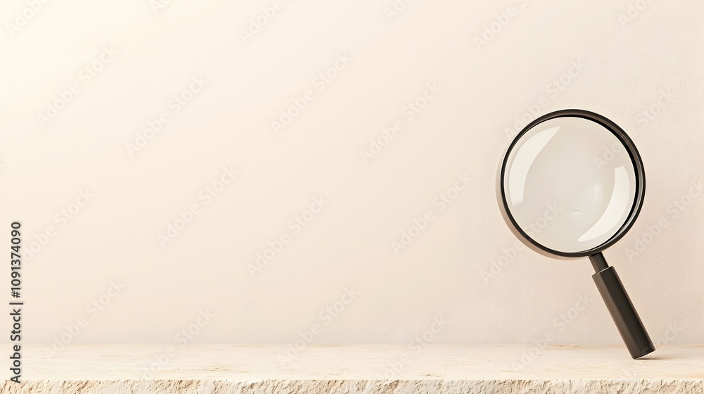 Poster minimalist magnifying glass on stone countertop - soft shadows and precise detail in a clean elegant