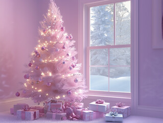 christmas tree in the window in pink