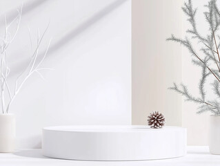 white podium for skincare or cosmetic display, product photo background, in winter
