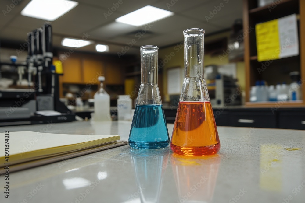 Poster two flasks with blue and orange liquids on a lab table in a scientific environment.