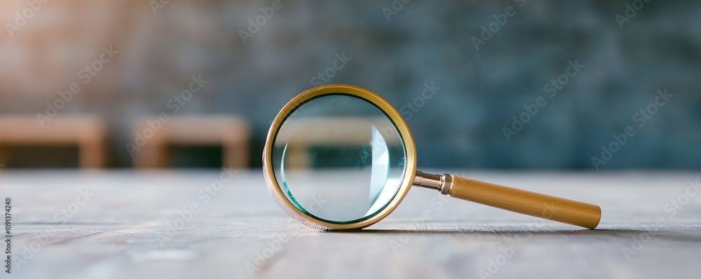 Poster detail-oriented magnifying glass on empty workspace - perfect reflection of light in a minimalist se