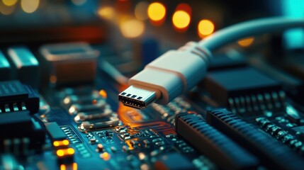 Close-Up of USB Cable Connected to Circuit Board with Vibrant Lights, Showcasing Technology and Innovation in Modern Electronics and Connectivity Solutions