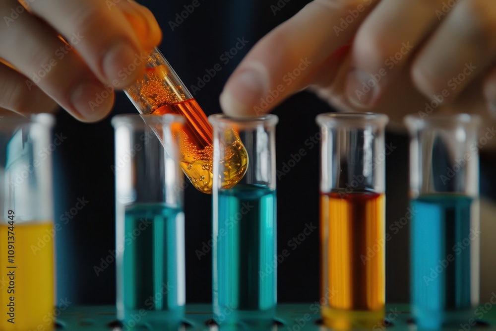 Poster a person is adding a colorful liquid from a test tube into another set of test tubes.
