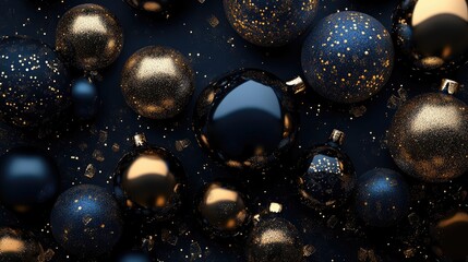 Dark blue and gold Christmas ornaments arranged artistically on a dark backdrop, ideal for festive greeting card design with customizable text space