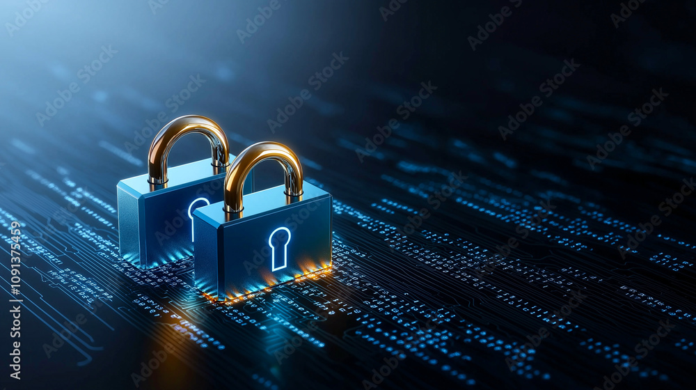 Poster two glowing blue padlocks on digital circuit board symbolize cybersecurity and data protection. lock