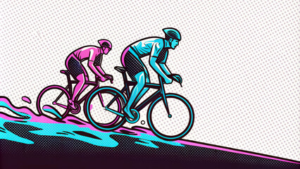 Fototapeta premium Two cyclists race upwards on a slope, depicted in vibrant neon colors of pink and blue. The dynamic style and dotted background give the scene a comic book feel. AI generated.