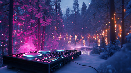 Snowy outdoor rave scene with a DJ and light displays in a winter forest