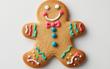 Decorated gingerbread man cookie with icing details, isolated on a white background, clean and colorful 