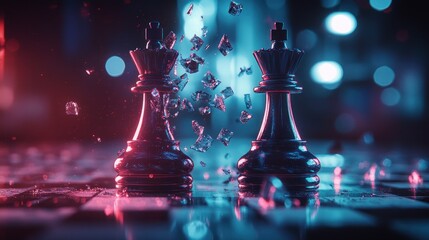 Two chess kings with shattered glass effect, abstract