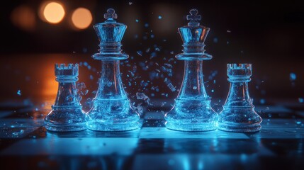 Two luminous glass kings on digital blue chessboard.