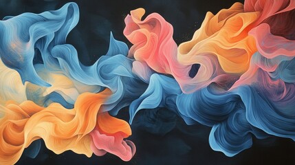 Fototapeta premium Dynamic flow of vibrant blue, orange, and pink inks elegantly swirling against a deep dark backdrop, creating a dramatic and mesmerizing visual effect.