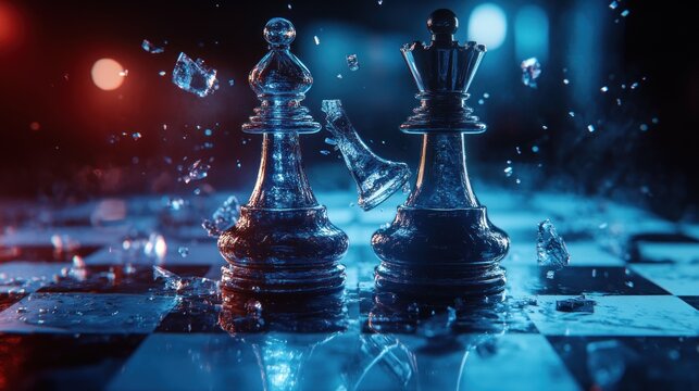 Dramatic chess scene with shattered ice and lighting