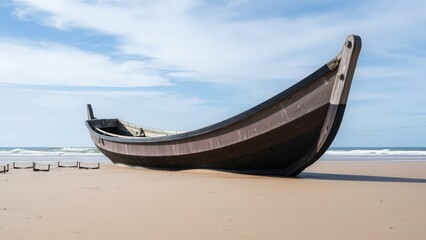 Fototapeta premium Discover the Serene Beauty of a Lonely Boat on a Sandy Beach Under a Clear Blue Sky, Perfect for Wall Art or Home Decor