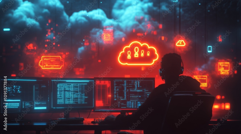 Poster In a dimly lit space, a person focuses on several computer screens displaying code and digital icons.