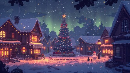 Charming snowy Christmas village at night with a decorated tree, festive lights, and a cozy atmosphere.