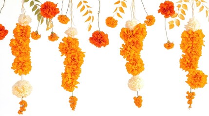 Traditional marigold garlands in vibrant orange and white for festive celebrations, elegantly designed for wedding ceremonies and cultural events.