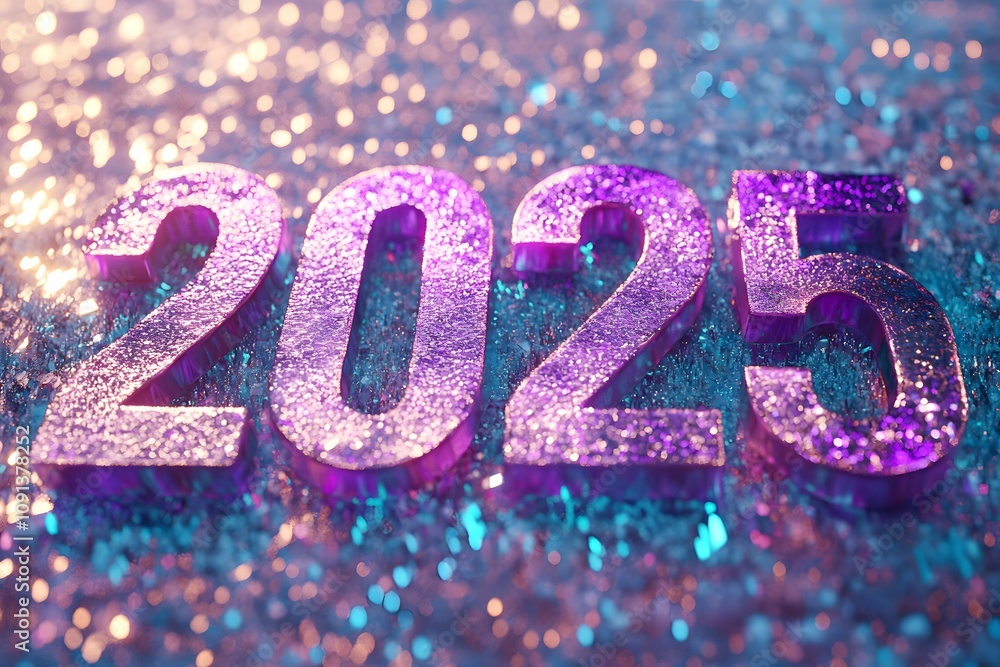Poster holographic texture displaying the number 2025 with colorful shimmer. generative ai.