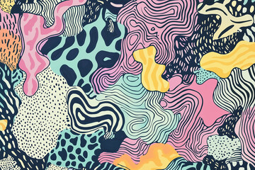 Obraz premium Colorful abstract patterns with hand drawn doodles and organic shapes create vibrant and dynamic visual experience. interplay of lines and colors evokes sense of creativity and freedom