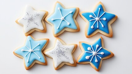Obraz premium Christmas Cookies with Unique Designs. Decorative star-shaped cookies in blue and white icing.