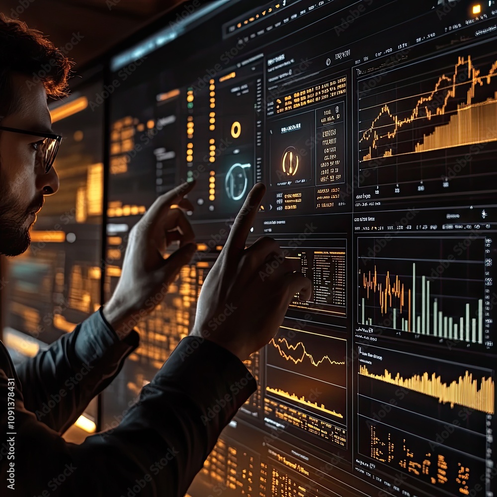 Poster man analyzing financial data on multiple large monitors