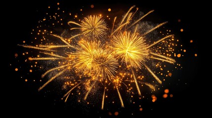 Obraz premium Golden fireworks bursting brilliantly in the night sky, creating a stunning display with vibrant sparks and a dark background, ideal for text overlay.