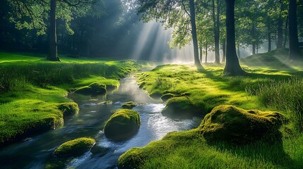 Obraz premium A serene, misty meadow with lush green grass and moss-covered rocks, overlooking an ancient stream winding through the landscape