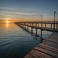 Fototapeta premium A peaceful fishing pier stretching into calm, glassy water under a setting sun.