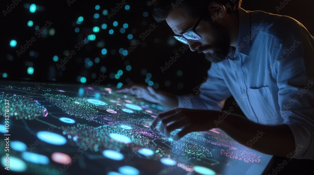 Poster in a dimly lit room, a researcher examines vibrant data visualizations on a touch-sensitive digital 