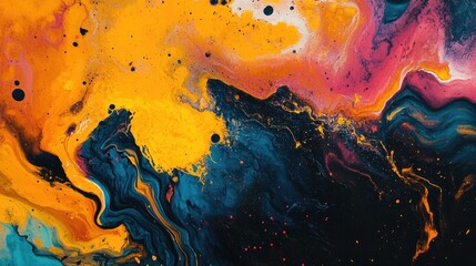 Naklejka premium Vibrant Abstract Composition Featuring Energetic Swirls of Yellow, Orange, Pink, and Deep Blue with Fluid Textures and Bold Contrasts