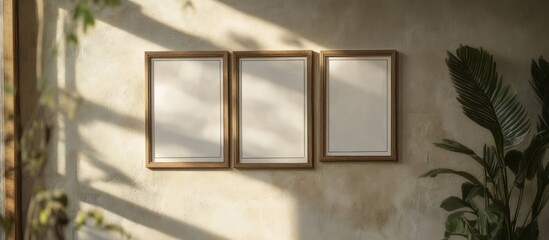 Three Empty Wooden Frames on a Textured Wall with Sunlight and Greenery