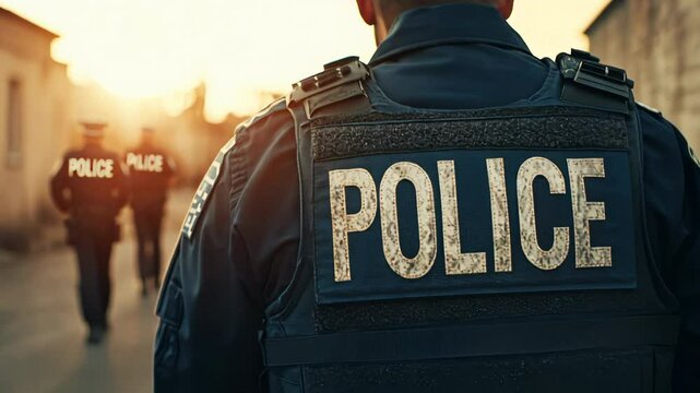 Police Officer Standing on Urban Street. Rear View of Law Enforcement Uniform and Equipment.