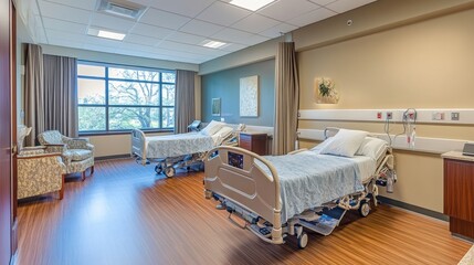 A modern hospital room with two beds, promoting patient care and comfort.