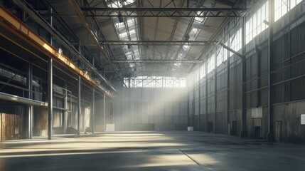 Obraz premium An empty industrial warehouse with beams of light streaming through large windows.