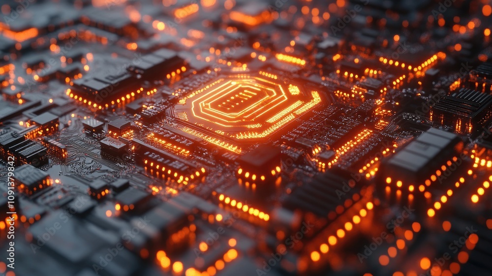 Poster glowing orange circuit board with central processing unit