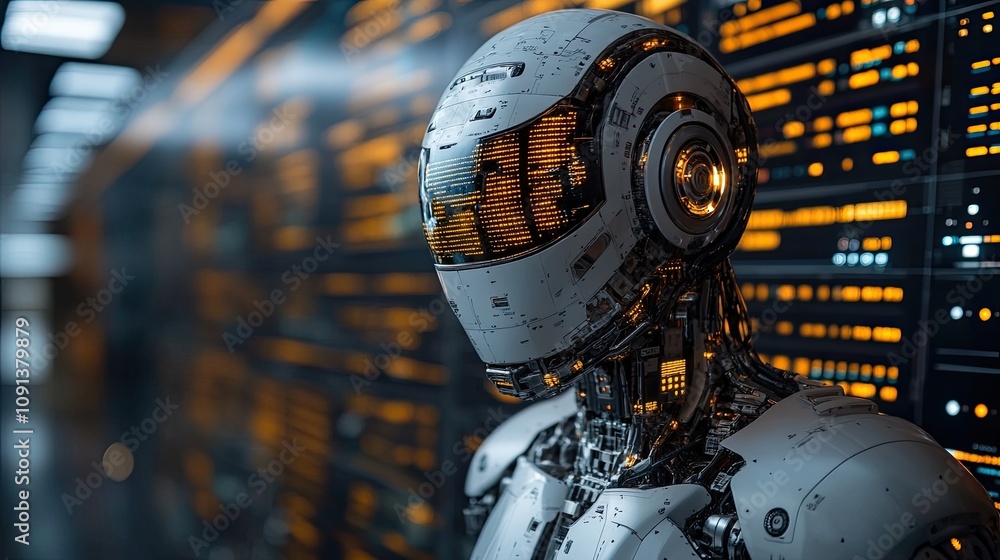 Poster advanced humanoid robot in a futuristic server room, glowing internal components visible.