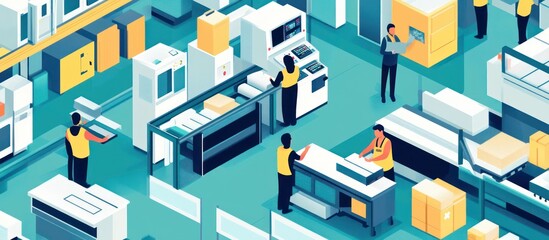 Obraz premium Isometric Illustration of a Busy Factory Floor, Highlighting Automated Machinery and Workers in Action